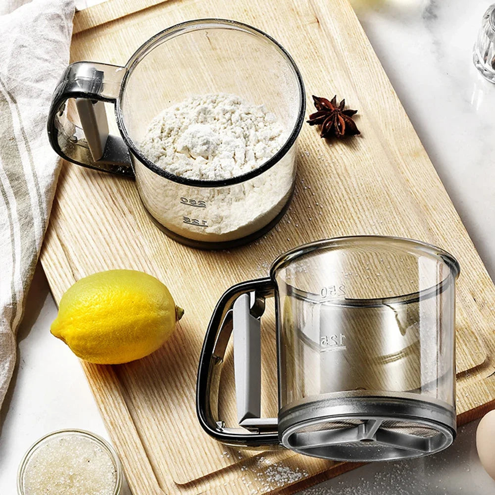 Handheld Flour Sifter Cup - Semi-Automatic Kitchen Sieve with Hand Press